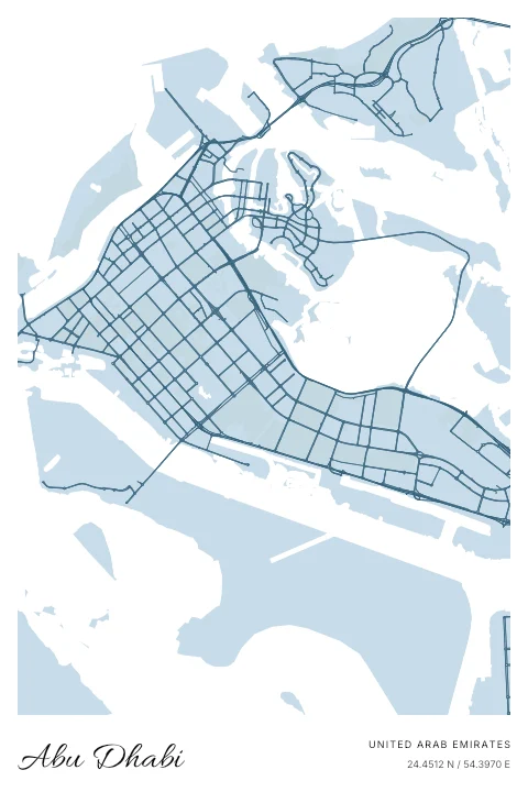 Abu Dhabi, United Arab Emirates map poster in Blueprint design and Cloud colors