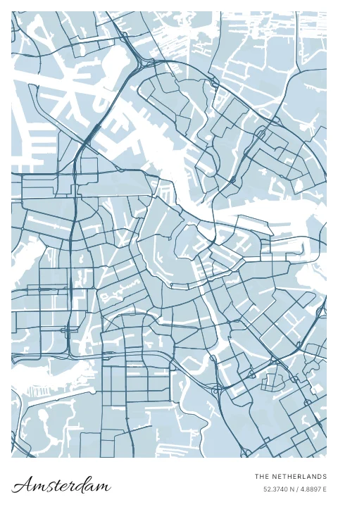 Amsterdam, The Netherlands map poster in Blueprint design and Cloud colors