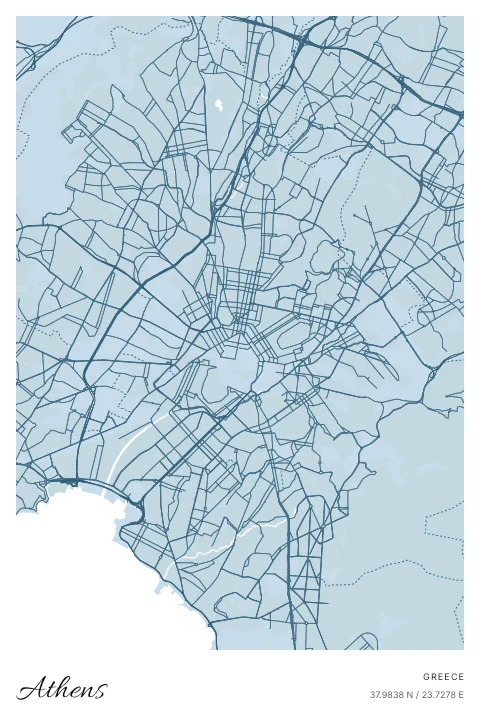 Athens, Greece map poster in Blueprint design and Cloud colors
