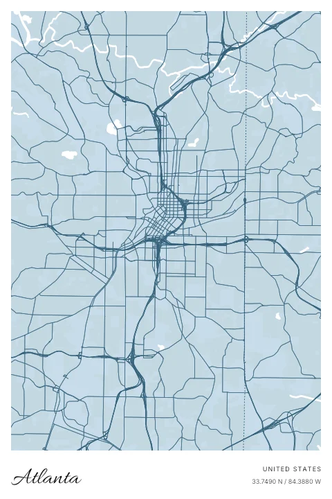 Atlanta, United States map poster in Blueprint design and Cloud colors