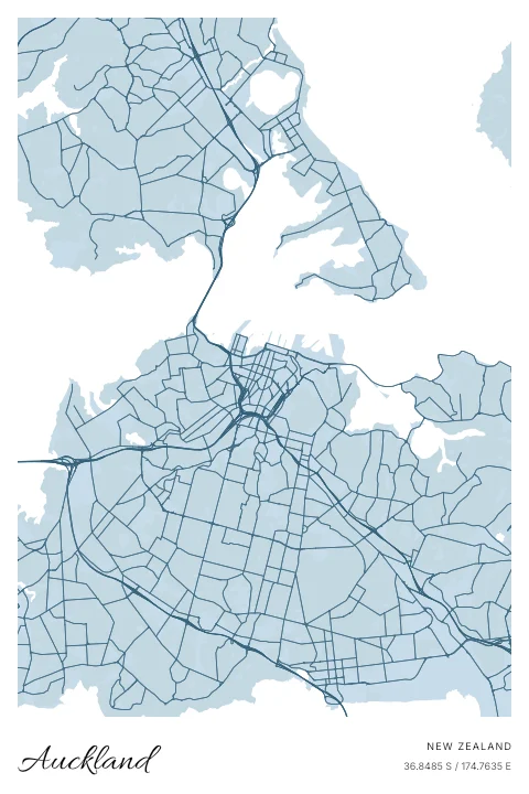 Auckland, New Zealand map poster in Blueprint design and Cloud colors