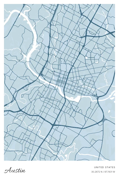 Austin, United States map poster in Blueprint design and Cloud colors