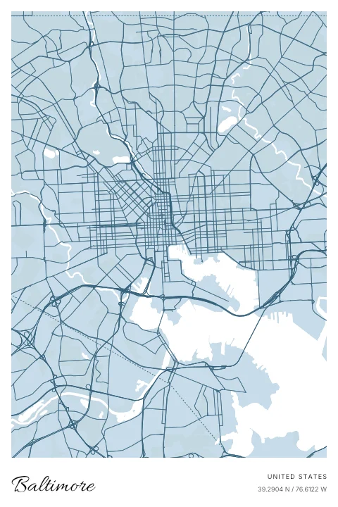 Baltimore, United States map poster in Blueprint design and Cloud colors