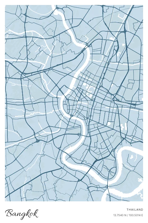 Bangkok, Thailand map poster in Blueprint design and Cloud colors