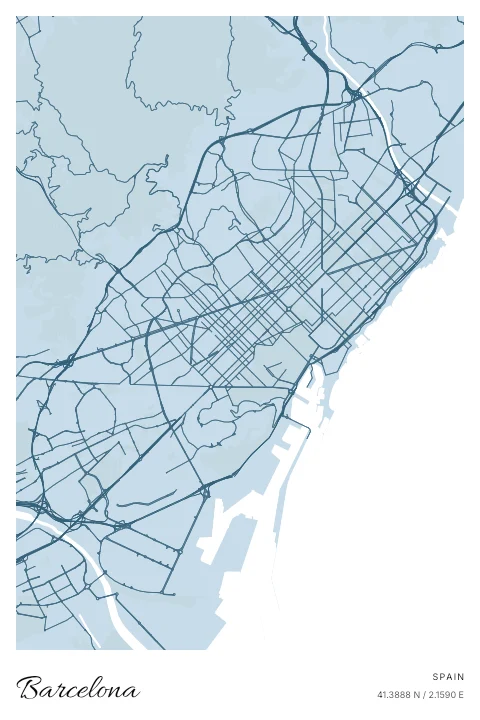 Barcelona, Spain map poster in Blueprint design and Cloud colors