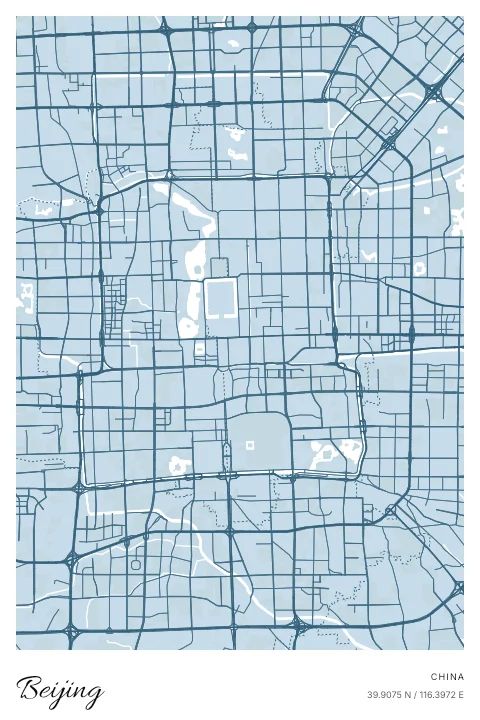 Beijing, China map poster in Blueprint design and Cloud colors