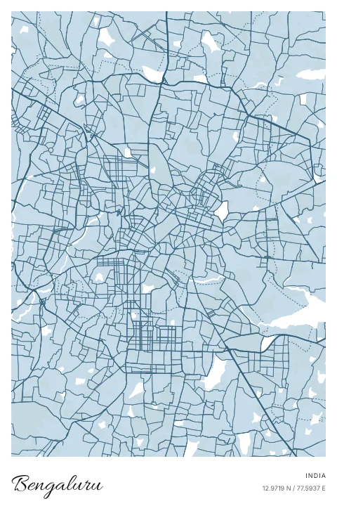 Bengaluru, India map poster in Blueprint design and Cloud colors