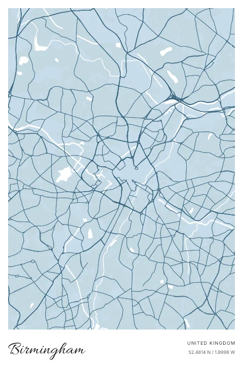 Birmingham, United Kingdom map poster in Blueprint design and Cloud colors