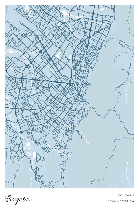 Bogota, Colombia map poster in Blueprint design and Cloud colors