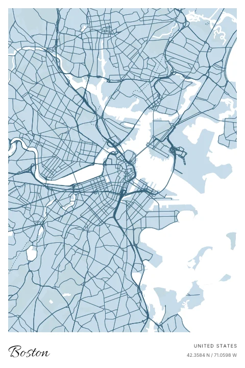 Boston, United States map poster in Blueprint design and Cloud colors