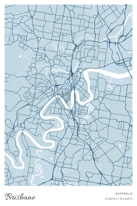 Brisbane, Australia map poster in Blueprint design and Cloud colors
