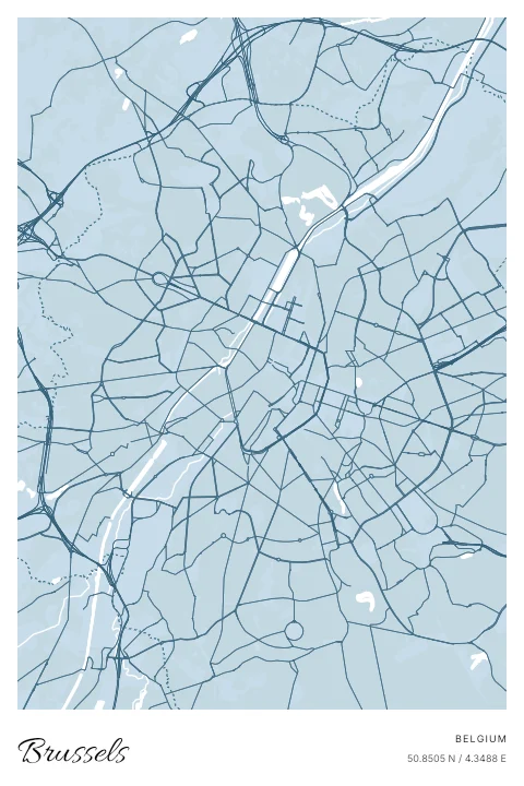 Brussels, Belgium map poster in Blueprint design and Cloud colors