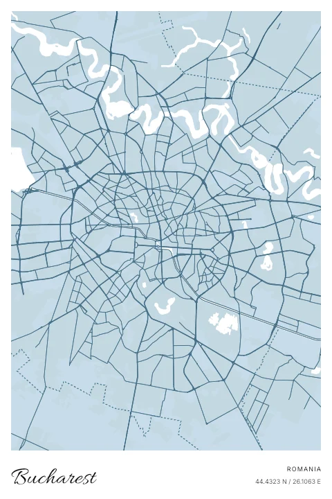 Bucharest, Romania map poster in Blueprint design and Cloud colors