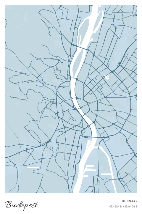 Budapest, Hungary map poster in Blueprint design and Cloud colors