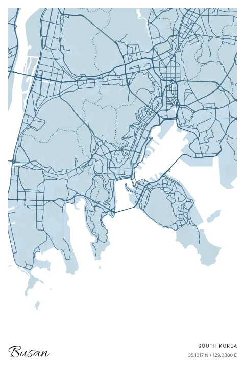 Busan, South Korea map poster in Blueprint design and Cloud colors