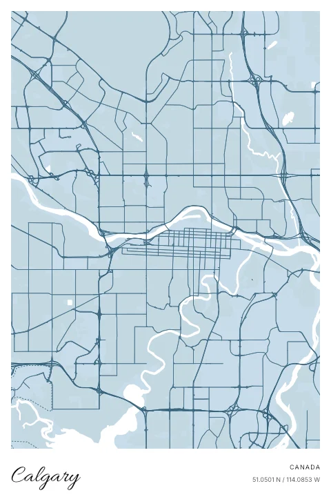 Calgary, Canada map poster in Blueprint design and Cloud colors