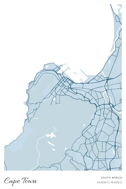Cape Town, South Africa map poster in Blueprint design and Cloud colors