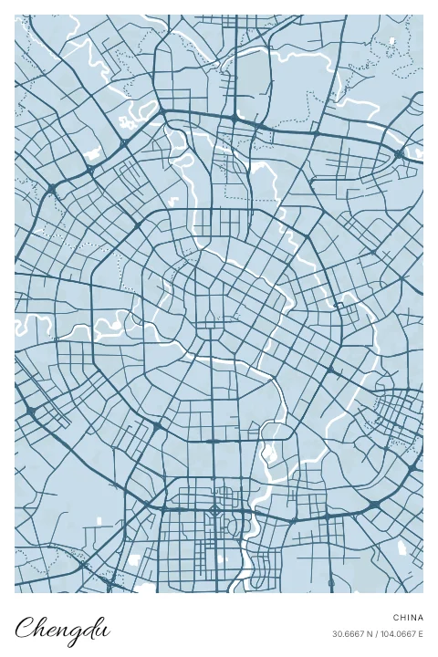 Chengdu, China map poster in Blueprint design and Cloud colors