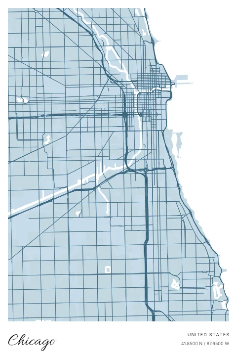 Chicago, United States map poster in Blueprint design and Cloud colors