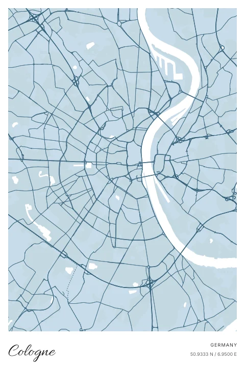 Cologne, Germany map poster in Blueprint design and Cloud colors
