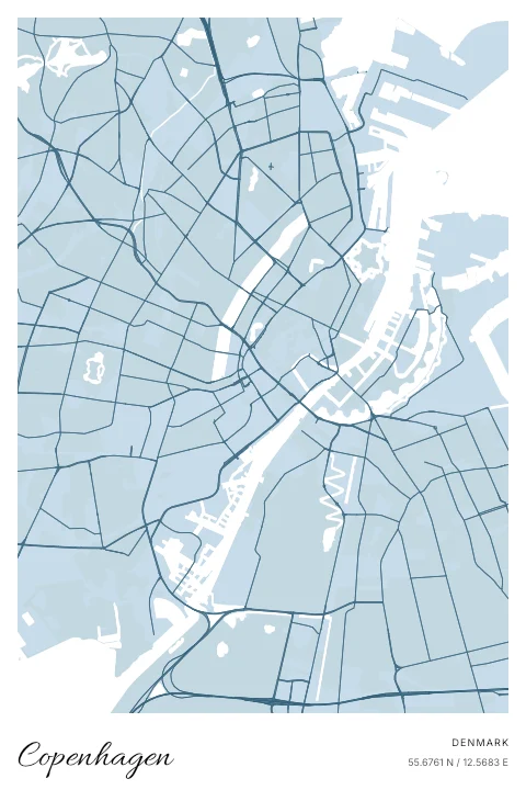 Copenhagen, Denmark map poster in Blueprint design and Cloud colors