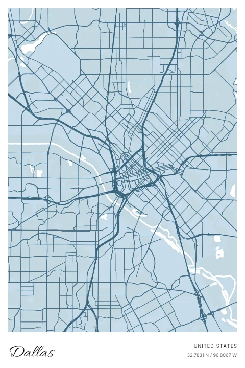 Dallas, United States map poster in Blueprint design and Cloud colors