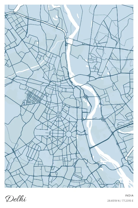 Delhi, India map poster in Blueprint design and Cloud colors