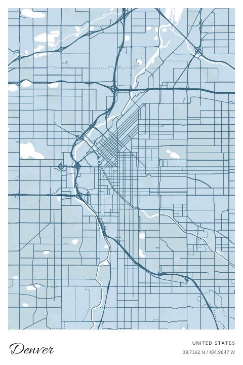 Denver, United States map poster in Blueprint design and Cloud colors