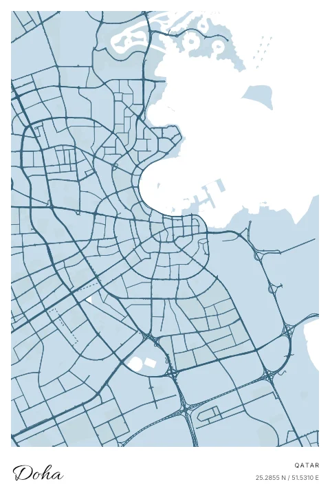 Doha, Qatar map poster in Blueprint design and Cloud colors