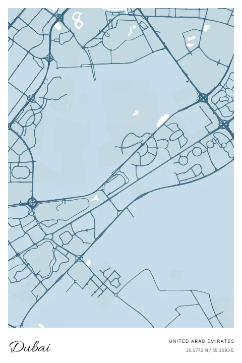 Dubai, United Arab Emirates map poster in Blueprint design and Cloud colors