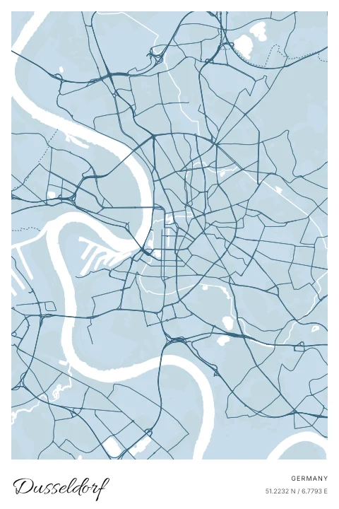 Dusseldorf, Germany map poster in Blueprint design and Cloud colors