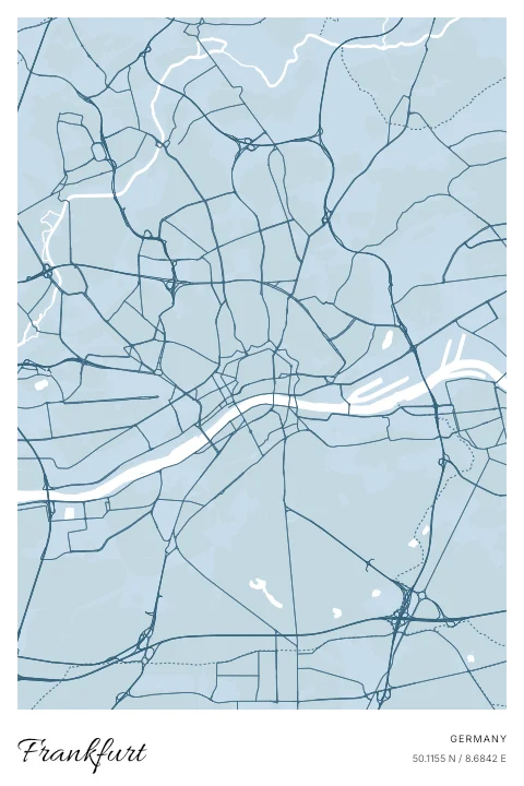 Frankfurt, Germany map poster in Blueprint design and Cloud colors