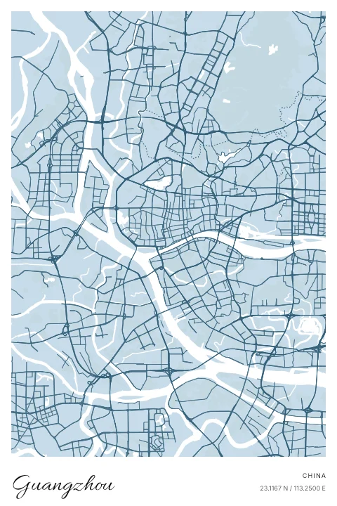 Guangzhou, China map poster in Blueprint design and Cloud colors