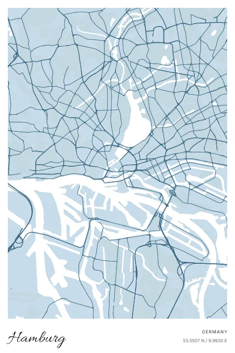 Hamburg, Germany map poster in Blueprint design and Cloud colors