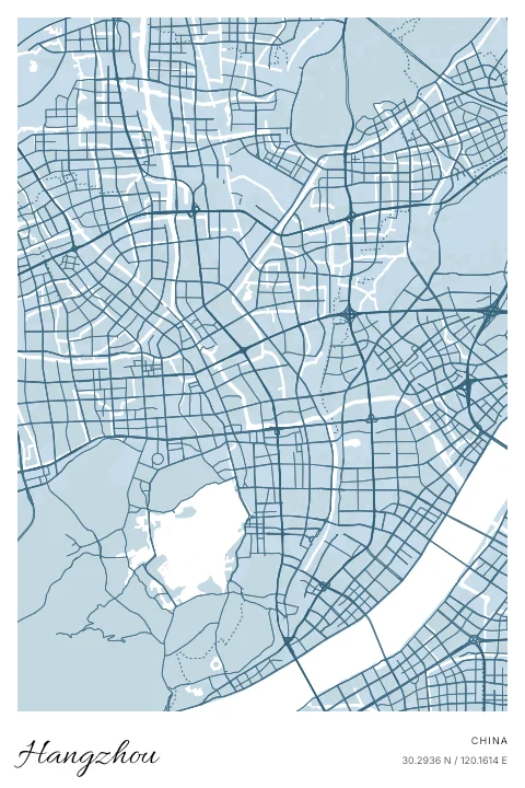 Hangzhou, China map poster in Blueprint design and Cloud colors