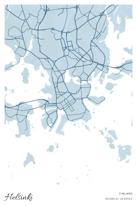Helsinki, Finland map poster in Blueprint design and Cloud colors