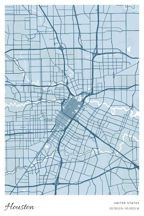 Houston, United States map poster in Blueprint design and Cloud colors