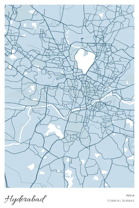 Hyderabad, India map poster in Blueprint design and Cloud colors
