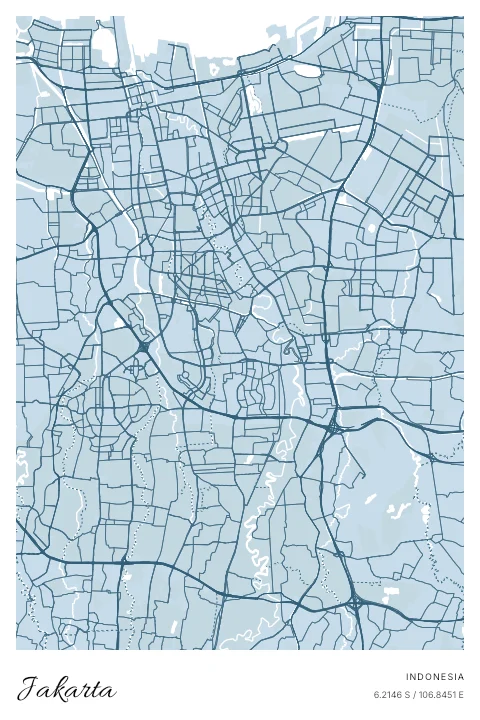 Jakarta, Indonesia map poster in Blueprint design and Cloud colors