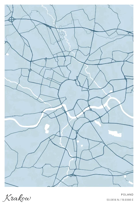 Krakow, Poland map poster in Blueprint design and Cloud colors