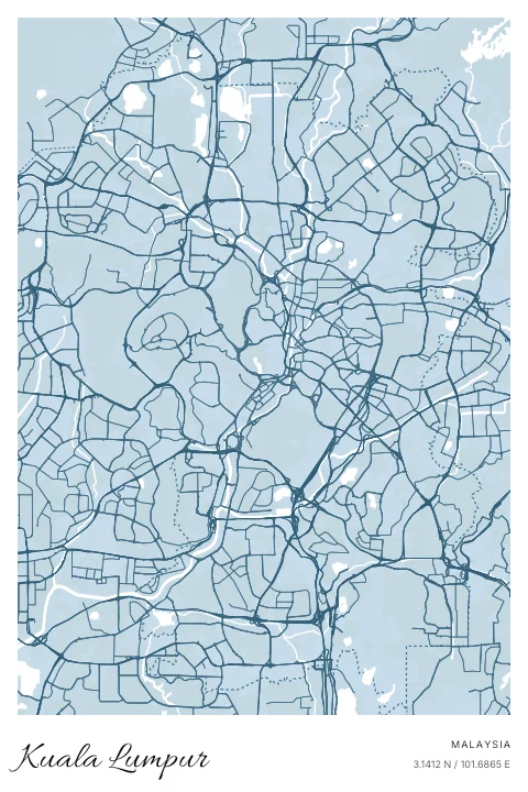 Kuala Lumpur, Malaysia map poster in Blueprint design and Cloud colors