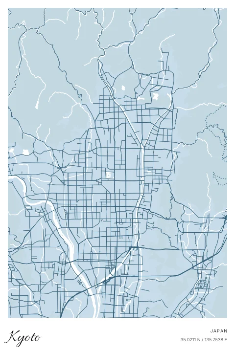 Kyoto, Japan map poster in Blueprint design and Cloud colors