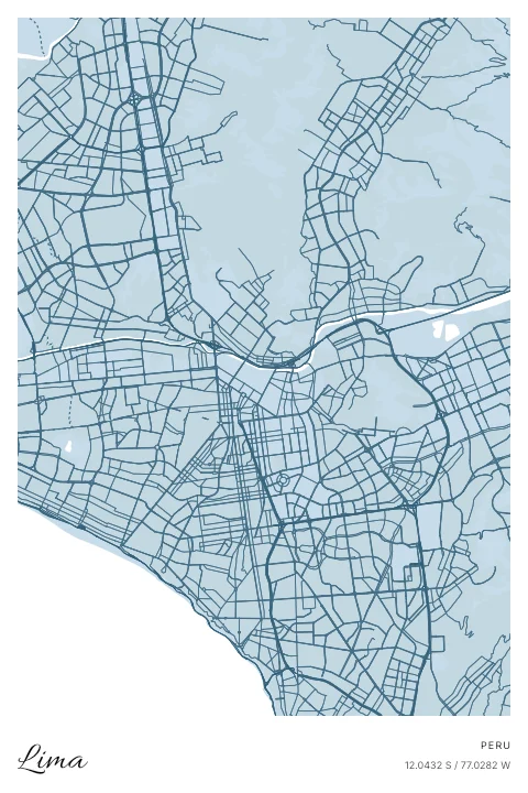 Lima, Peru map poster in Blueprint design and Cloud colors