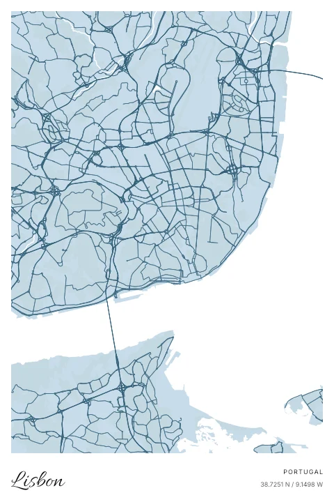 Lisbon, Portugal map poster in Blueprint design and Cloud colors