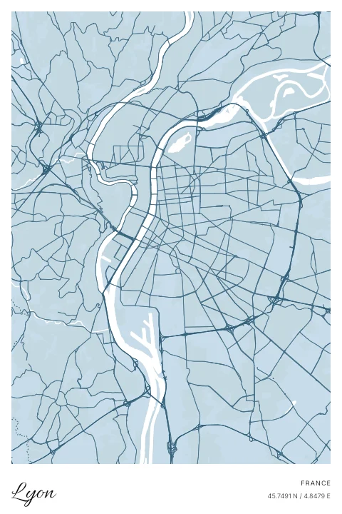 Lyon, France map poster in Blueprint design and Cloud colors