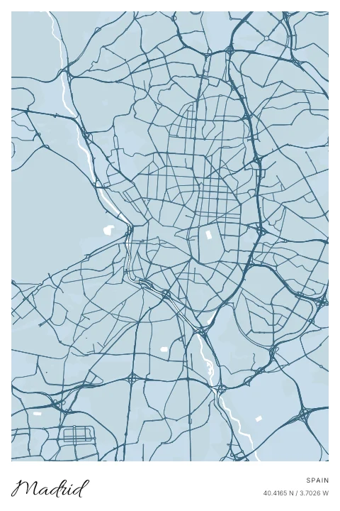 Madrid, Spain map poster in Blueprint design and Cloud colors