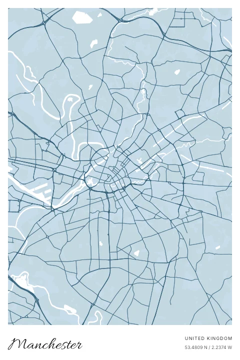 Manchester, United Kingdom map poster in Blueprint design and Cloud colors