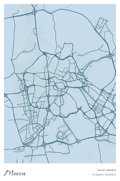 Mecca, Saudi Arabia map poster in Blueprint design and Cloud colors