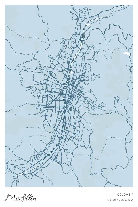 Medellin, Colombia map poster in Blueprint design and Cloud colors