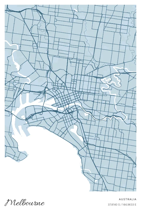 Melbourne, Australia map poster in Blueprint design and Cloud colors
